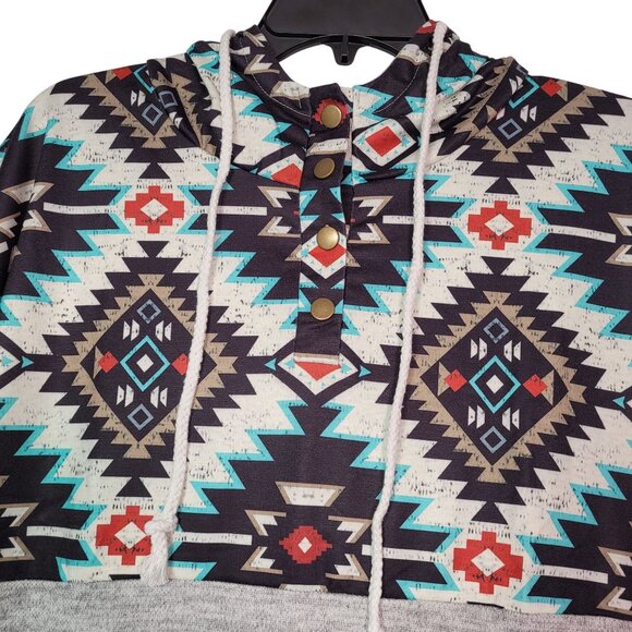 Women's Long Sleeve 4-Button Drawstring Printed Pullover Hoodie/Pockets - Large - Picture 3 of 7